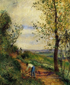 paisaje con un hombre cavando 1877 Camille Pissarro Pinturas al óleo